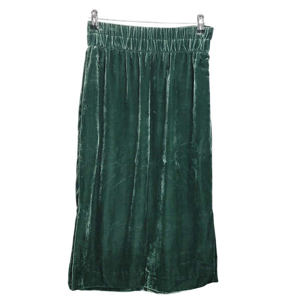 J. Crew XS Green Velvet Midi Skirt Elastic Waist Forest Holiday Party Preppy